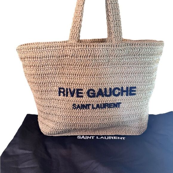 NWT YSL Rive Gauche Embroidered Rafia Tote Bag - Picture 2 of 12